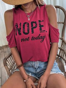 SHEIN LUNE Slogan Graphic Cold Shoulder Tee - Red - View 1