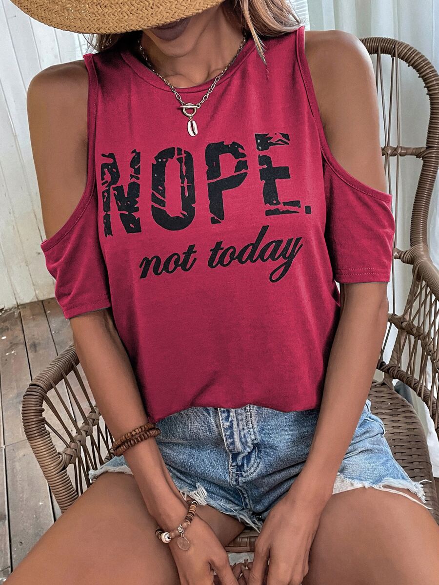 SHEIN LUNE Slogan Graphic Cold Shoulder Tee - Red - View 1