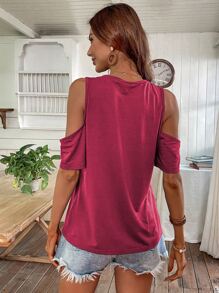 SHEIN LUNE Slogan Graphic Cold Shoulder Tee - Red - View 2