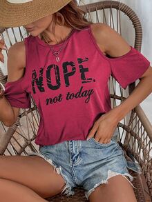 SHEIN LUNE Slogan Graphic Cold Shoulder Tee - Red - View 6
