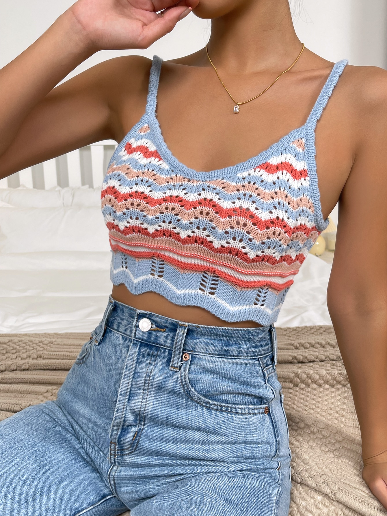 SHEIN WYWH Colourblock Pointelle Crop Cami Knit Top SHEIN UK