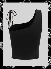 ROMWE PUNK Áo nữ Bất đối xứng Chuỗi Thắt nút Con số Lá thư Giải trí - màu đen - Xem 2