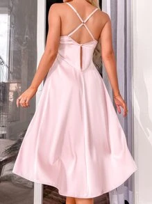 Vestido lencero de malla en contraste de satén - Rosa Pálido - Ver 4