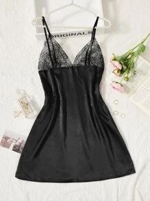 Váy ngủ bằng ren lông mi chia Hem Satin Cami Pyjama - màu đen - Xem 1