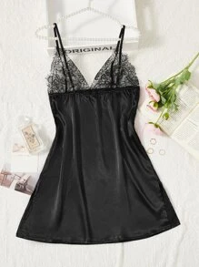 Váy ngủ bằng ren lông mi chia Hem Satin Cami Pyjama - màu đen - Xem 2