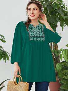 Mulvari Áo sơ mi Plus Size Nghề thêu Hình học Boho - Màu xanh lá cây đậm - Xem 1