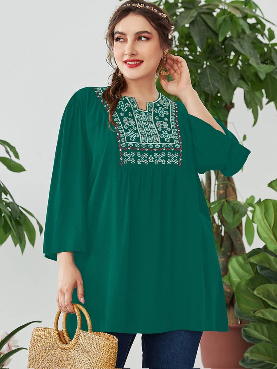 Mulvari Áo sơ mi Plus Size Nghề thêu Hình học Boho - Màu xanh lá cây đậm - Xem 1