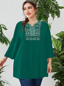 Mulvari Áo sơ mi Plus Size Nghề thêu Hình học Boho - Màu xanh lá cây đậm - Xem 3