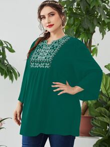 Mulvari Áo sơ mi Plus Size Nghề thêu Hình học Boho - Màu xanh lá cây đậm - Xem 4