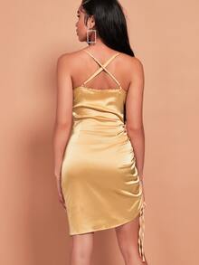 SHEIN SXY 熒光橙抽繩褶邊十字交叉緞面吊帶洋裝 - 香檳色 - 查看 2