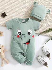 Bộ đồ liền thân tay ngắn họa tiết hoạt hình thường ngày mùa hè cho bé trai kèm mũ - màu xanh lá - Xem 1