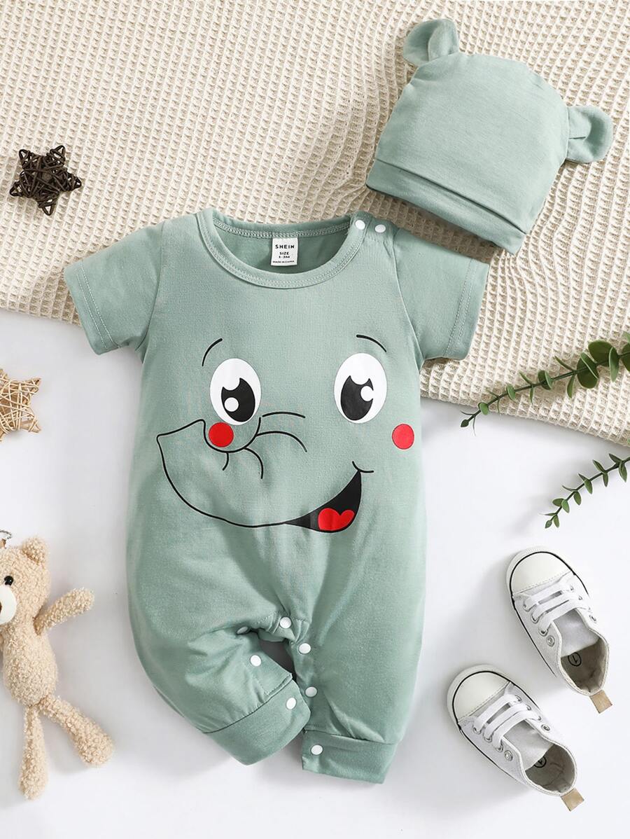 Bộ đồ liền thân tay ngắn họa tiết hoạt hình thường ngày mùa hè cho bé trai kèm mũ - màu xanh lá - Xem 1
