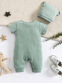 Bộ đồ liền thân tay ngắn họa tiết hoạt hình thường ngày mùa hè cho bé trai kèm mũ - màu xanh lá - Xem 2