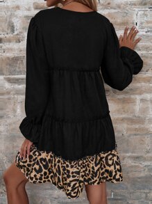 SHEIN LUNE 豹紋印花荷葉邊娃娃裙 - 黑色 - 查看 2