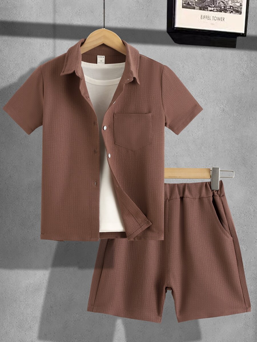 Boys Solid Pocket Patched Button Up Shirt With Shorts Without Tee - Redwood - View 1