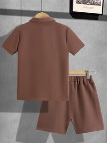 Boys Solid Pocket Patched Button Up Shirt With Shorts Without Tee - Redwood - View 2