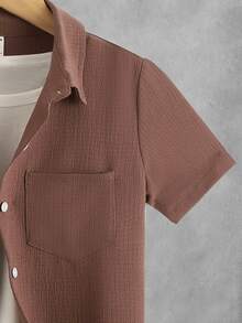 Boys Solid Pocket Patched Button Up Shirt With Shorts Without Tee - Redwood - View 4