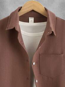 Boys Solid Pocket Patched Button Up Shirt With Shorts Without Tee - Redwood - View 5