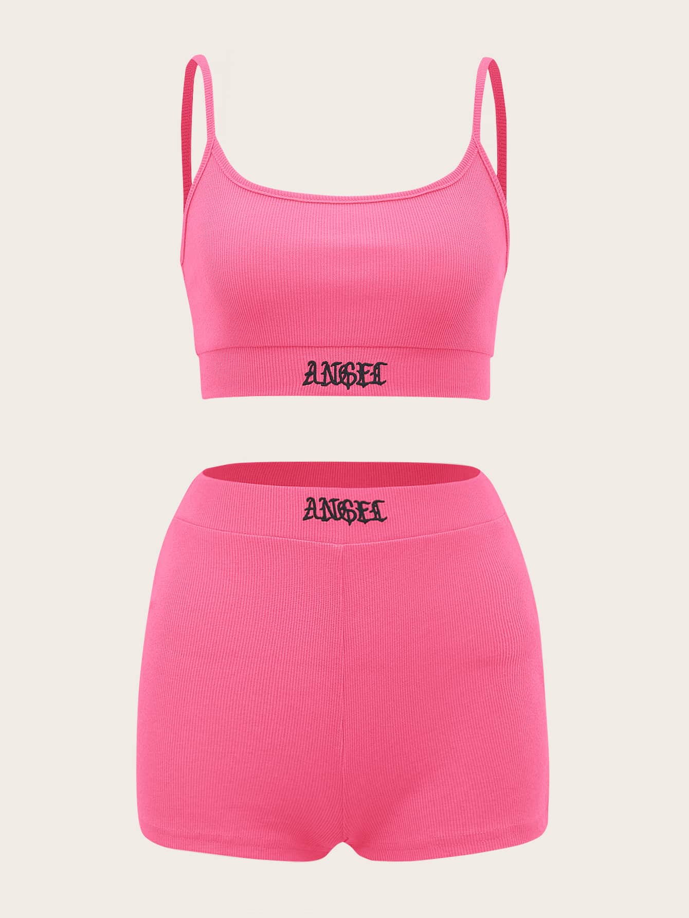 SHEIN PETITE Letter Embroidery Cami Crop Top & Cycling Shorts Set - Pink - View 1