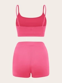 SHEIN PETITE Letter Embroidery Cami Crop Top & Cycling Shorts Set - Pink - View 2