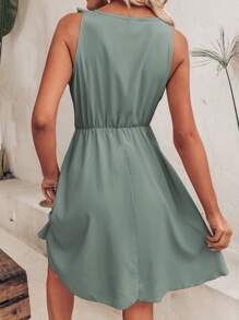 Breezaya Vestido sin manga unicolor ribete con fruncido - Azul Cadete - Ver 2