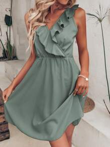 Breezaya Vestido sin manga unicolor ribete con fruncido - Azul Cadete - Ver 3