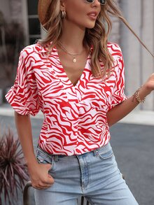 Blusa con estampado de manga murciélago - Rojo y blanco - Ver 4