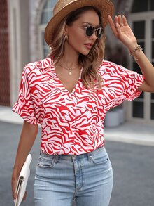 Blusa con estampado de manga murciélago - Rojo y blanco - Ver 5