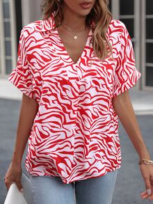 Blusa con estampado de manga murciélago - Rojo y blanco - Ver 6
