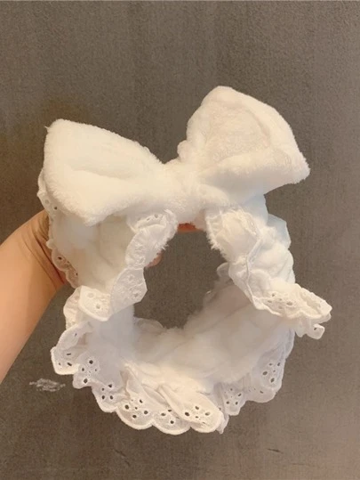 1件蝴蝶结蕾丝装饰浴室发带，白色柔软发箍，适用于浴室家居装饰、秋季装饰、返校季发饰