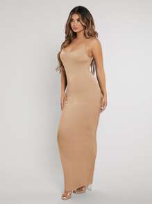 SHEIN SXY 素色緊身吊帶連衣裙 - 杏色 - 查看 3