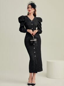 Modelyn Vestido de manga gigot con botón delantero - Negro - Ver 1