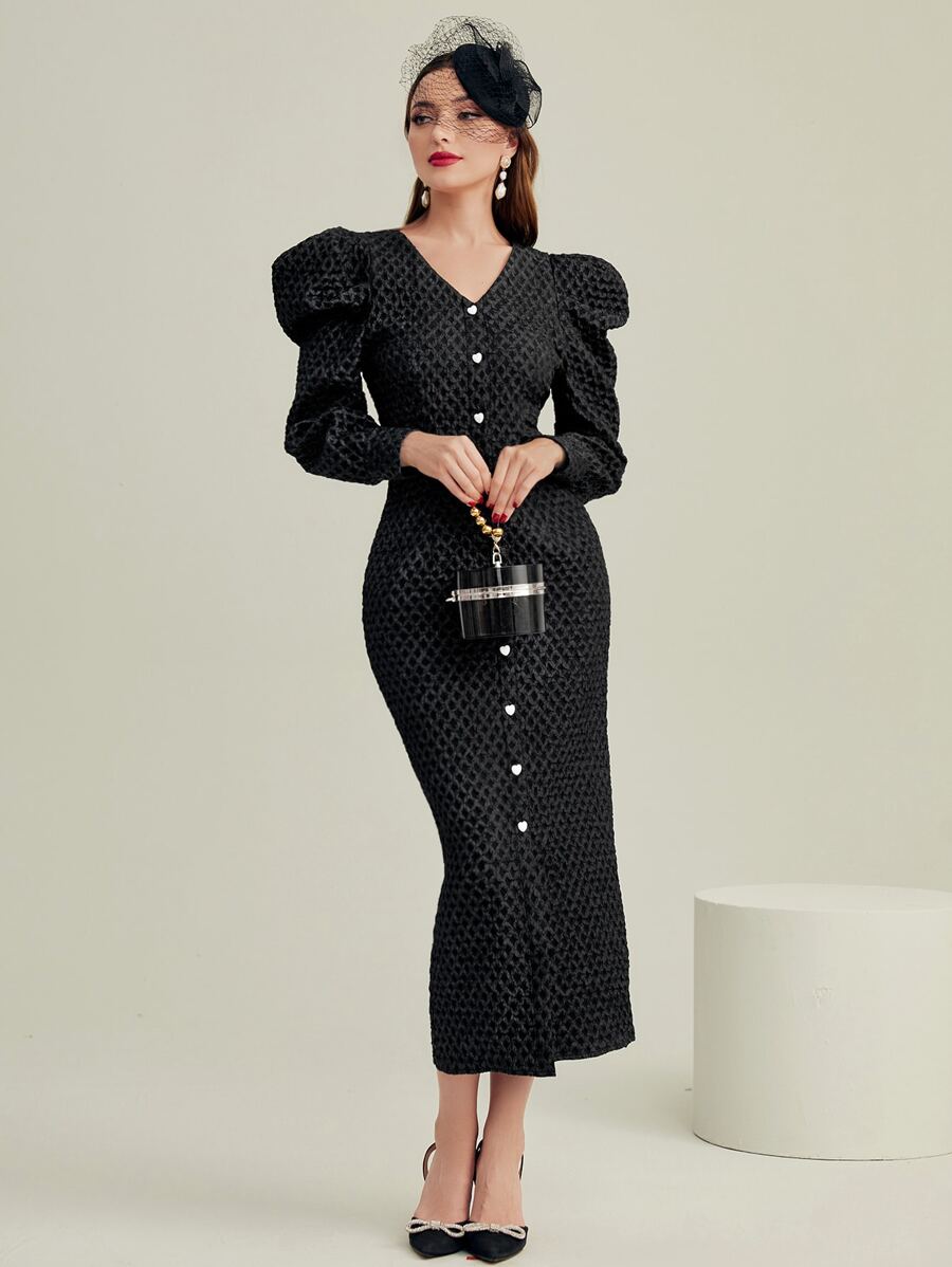 Modelyn Vestido de manga gigot con botón delantero - Negro - Ver 1