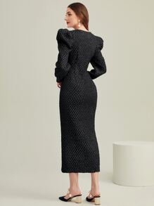 Modelyn Vestido de manga gigot con botón delantero - Negro - Ver 2