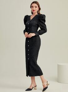 Modelyn Vestido de manga gigot con botón delantero - Negro - Ver 3