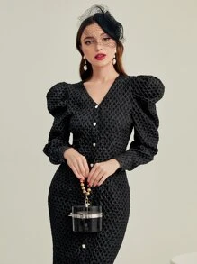 Modelyn Vestido de manga gigot con botón delantero - Negro - Ver 4