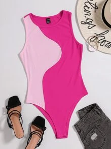 SHEIN Unity Two Tone Ribbed Knit Bodysuit - Pink - View 1