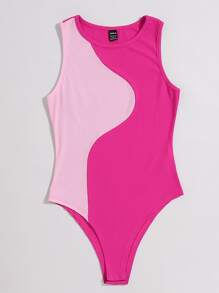 SHEIN Unity Two Tone Ribbed Knit Bodysuit - Pink - View 3