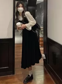 Cute Sweet Girl School Style Color Block 2 In 1 Long Sleeve Dress - Black - View 1