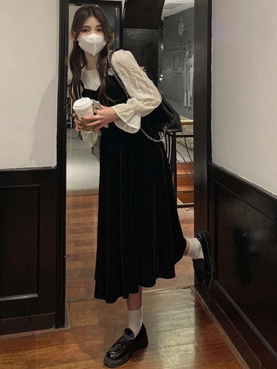 Cute Sweet Girl School Style Color Block 2 In 1 Long Sleeve Dress - Black - View 1