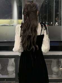 Cute Sweet Girl School Style Color Block 2 In 1 Long Sleeve Dress - Black - View 2