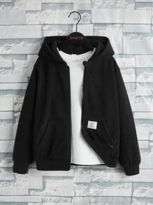 SHEIN Boys Patch Detail Hooded Jacket Without Tee - Black - View 1