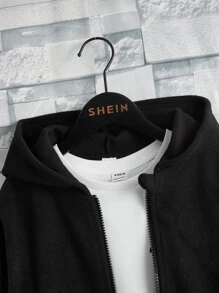 SHEIN Boys Patch Detail Hooded Jacket Without Tee - Black - View 3