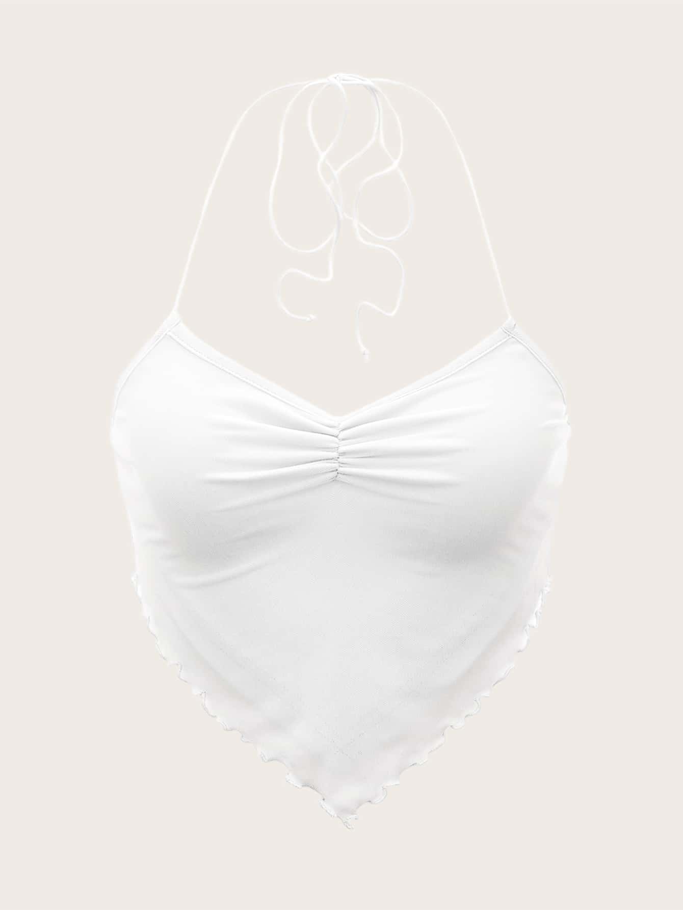 SHEIN ICON Ruched Tie Backless Hanky Hem Mesh Halter Y2k Top - White - View 1