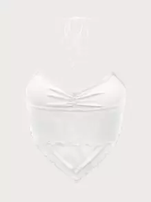 SHEIN ICON Ruched Tie Backless Hanky Hem Mesh Halter Y2k Top - White - View 2