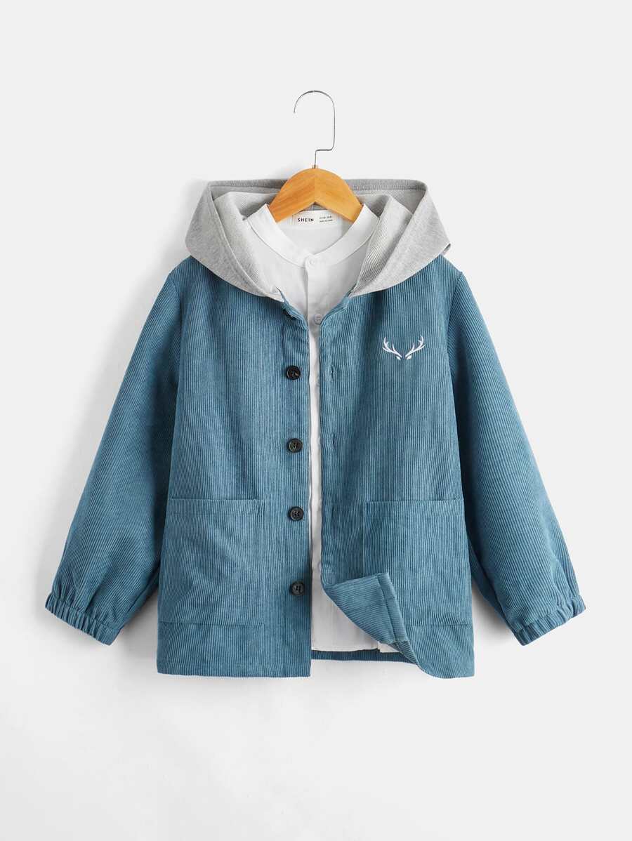 SHEIN 男孩鹿角刺繡連帽燈芯絨大衣無襯衫