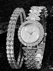 1入組水鑽裝飾圓形指針石英手錶和2入組手環 - 銀色 - 查看 1