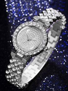 1入組水鑽裝飾圓形指針石英手錶和2入組手環 - 銀色 - 查看 2