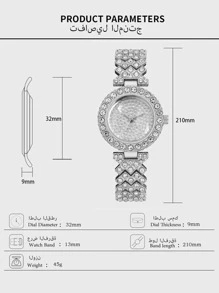 1入組水鑽裝飾圓形指針石英手錶和2入組手環 - 銀色 - 查看 3