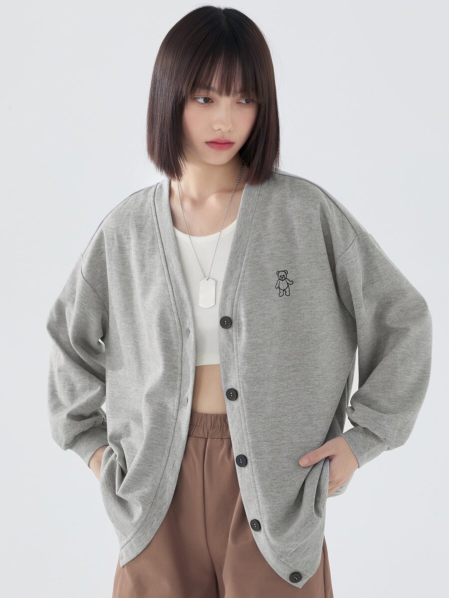 DAZY Cartoon Graphic Drop Shoulder Button Up Sweatshirt - Grey - View 1